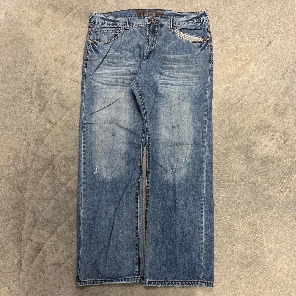 Baggy Embroidered Jeans Y2K Faded Skater Wide Leg Lightwash Denim Jeans 40x32